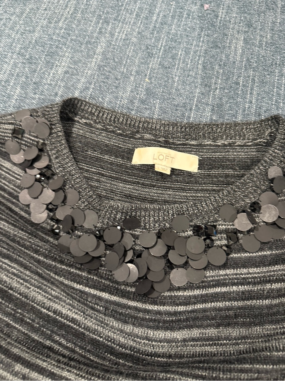 LOFT Gray Striped Sweater with Black Sequin Necklace Detail